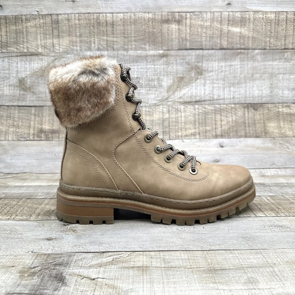 Steve Madden Keystone Womens Sz 9.5 US Tan Faux Fur Trim Mid Calf Side Zip Boots